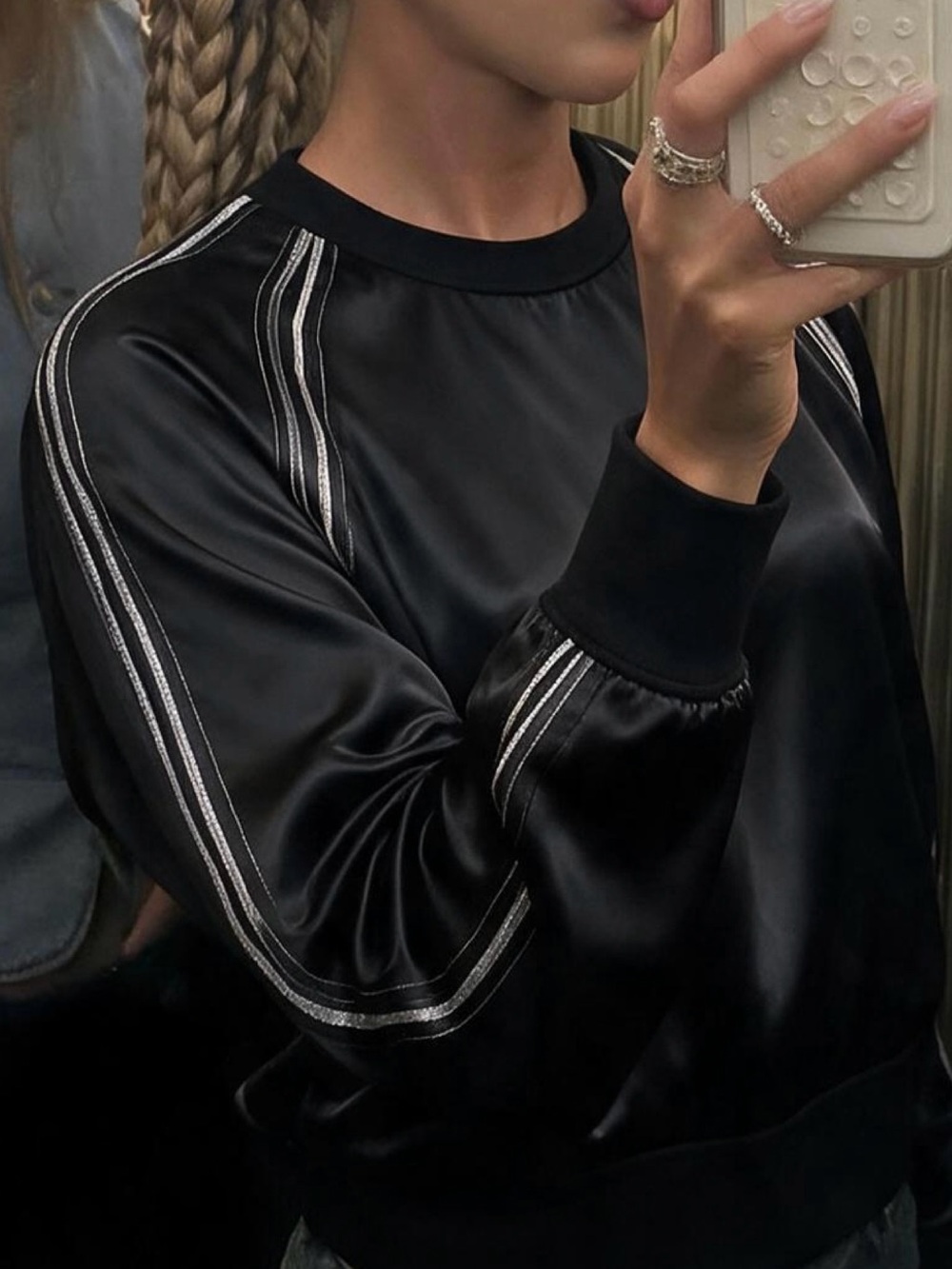DKNY Satin-Look Black Pullover Sweatshirt with side Detail